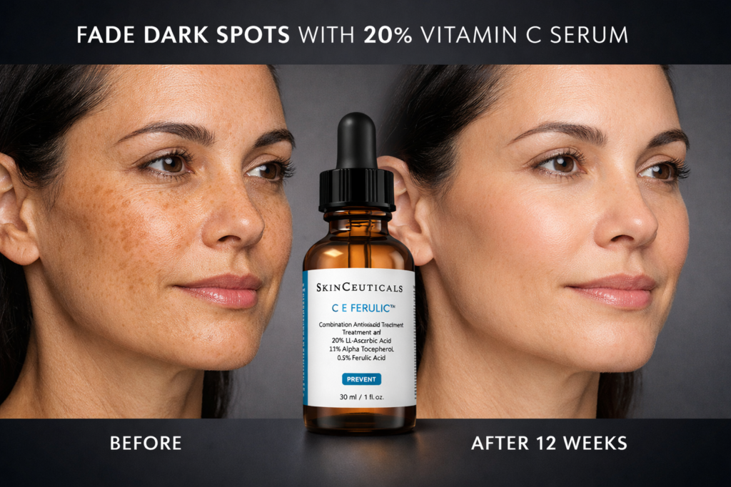 Timeless 20% Vitamin C serum comparison showing SkinCeuticals reducing dark spots with before and after results on facial skin