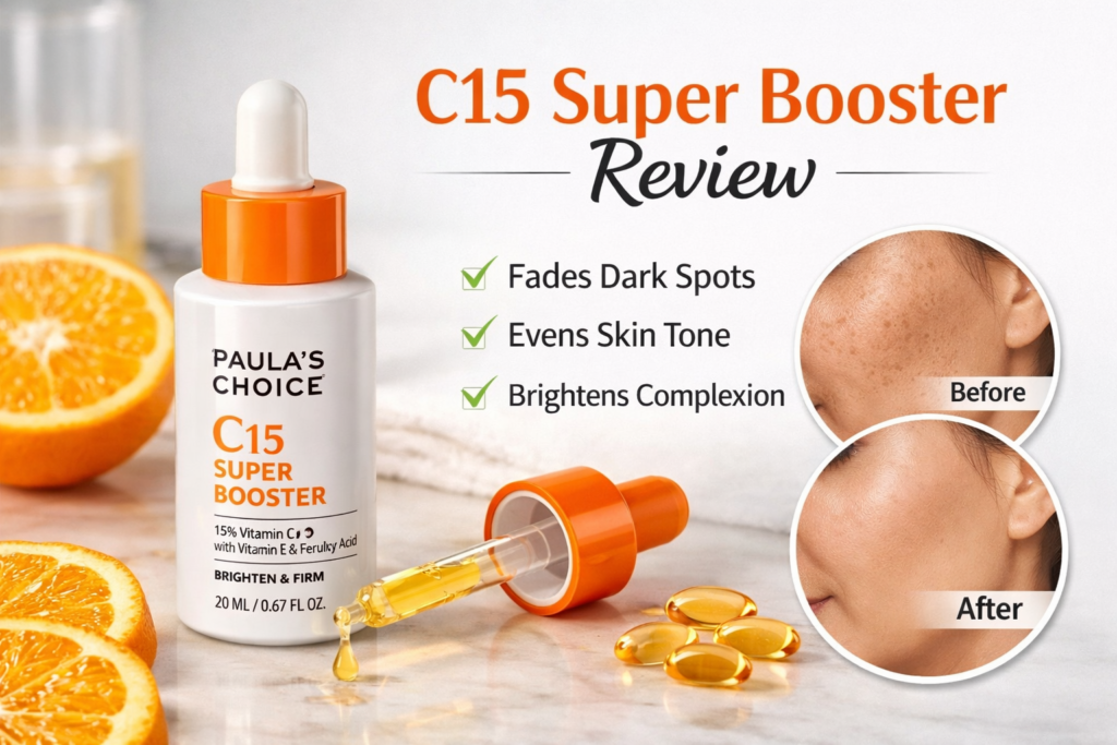 Paula’s Choice C15 Super Booster Vitamin C serum review showing dark spot reduction, brighter skin tone, and before-and-after results for hyperpigmentation treatment.