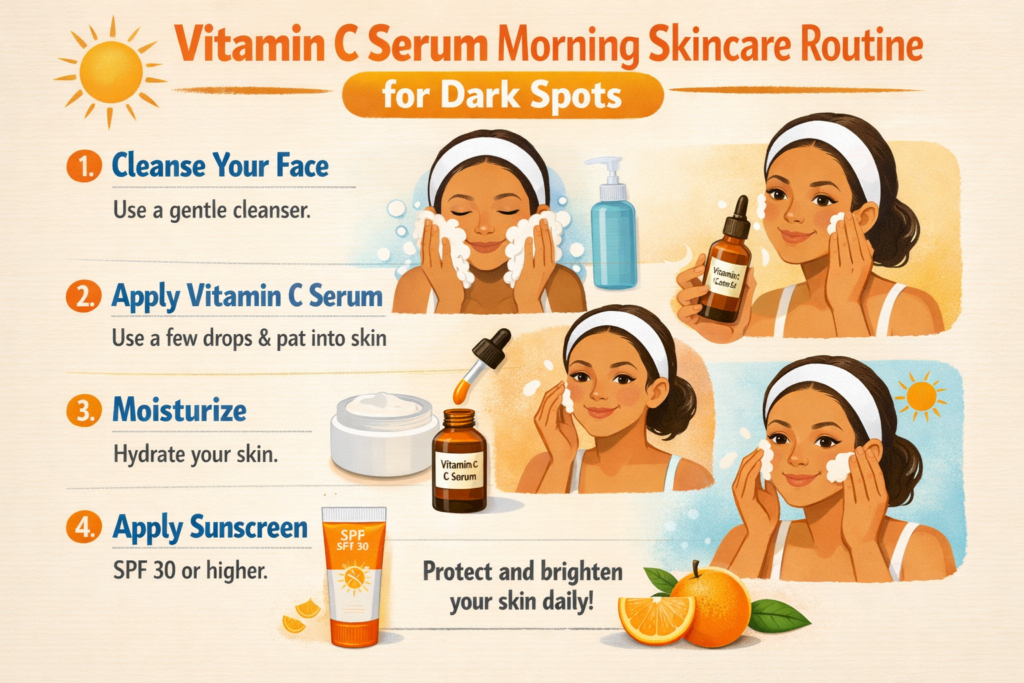 Vitamin C serum morning skincare routine for dark spots with step-by-step cleanse, apply serum, moisturize, and sunscreen infographic for brighter skin