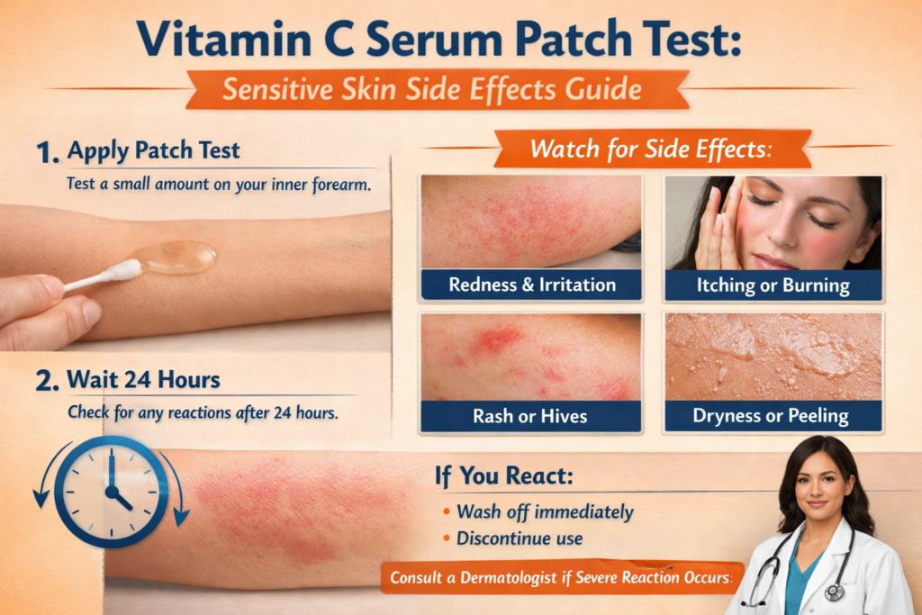Vitamin C serum patch test guide for sensitive skin showing application steps and common side effects like redness, irritation, and dryness