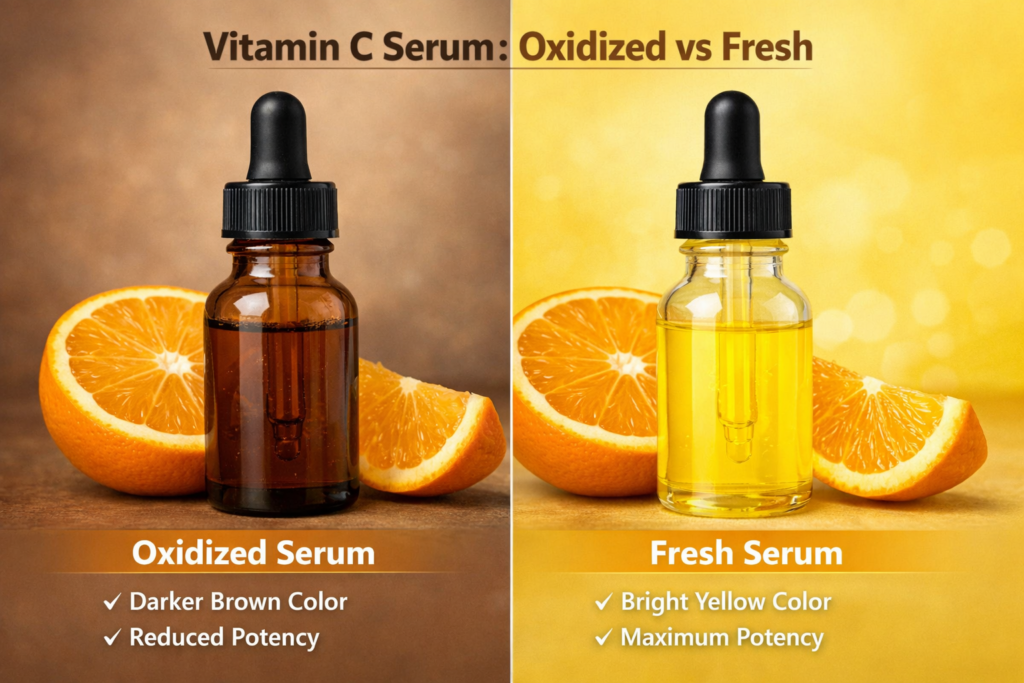 Vitamin C serum oxidized vs fresh comparison showing yellow vs brown color difference for skincare effectiveness and potency