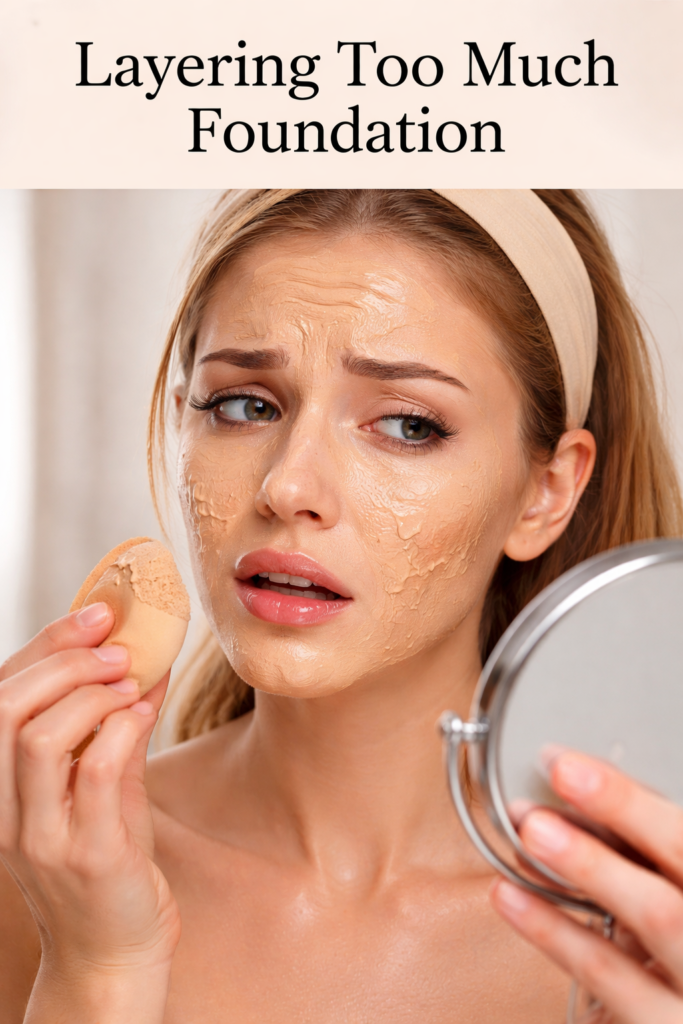 “layering too much foundation causing Makeup Looks Patchy and cakey skin close up with uneven texture”