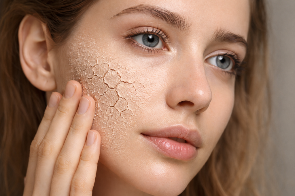 Close-up of dry, flaky facial skin with peeling patches on cheek showing severe dryness and uneven texture – causes of patchy makeup on dry skin