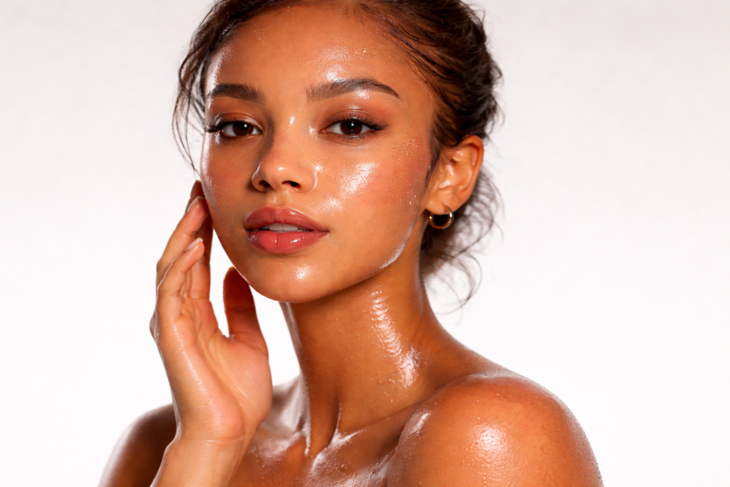 Close-up of a woman with oily, shiny skin showing excess sebum on face, highlighting causes of patchy makeup and uneven foundation texture