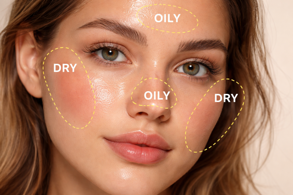 Combination skin face showing oily T-zone (forehead and nose) and dry cheeks with visible pores and shine – skincare guide for combination skin types