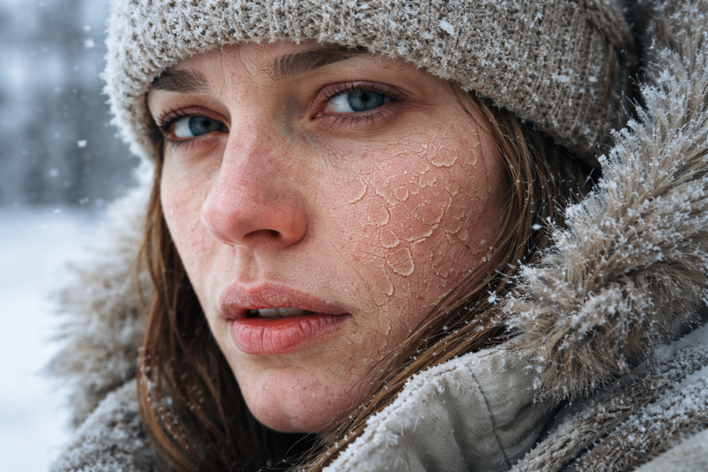 Cold and dry winter weather causing severe skin dryness, flaking, redness, and irritation on face – close-up of dehydrated skin in harsh cold climate conditions