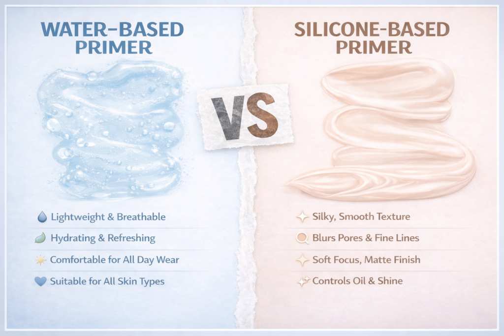 Why Makeup Looks Patchy – water-based vs silicone-based primer comparison showing how wrong primer choice causes uneven, patchy makeup finish on skin