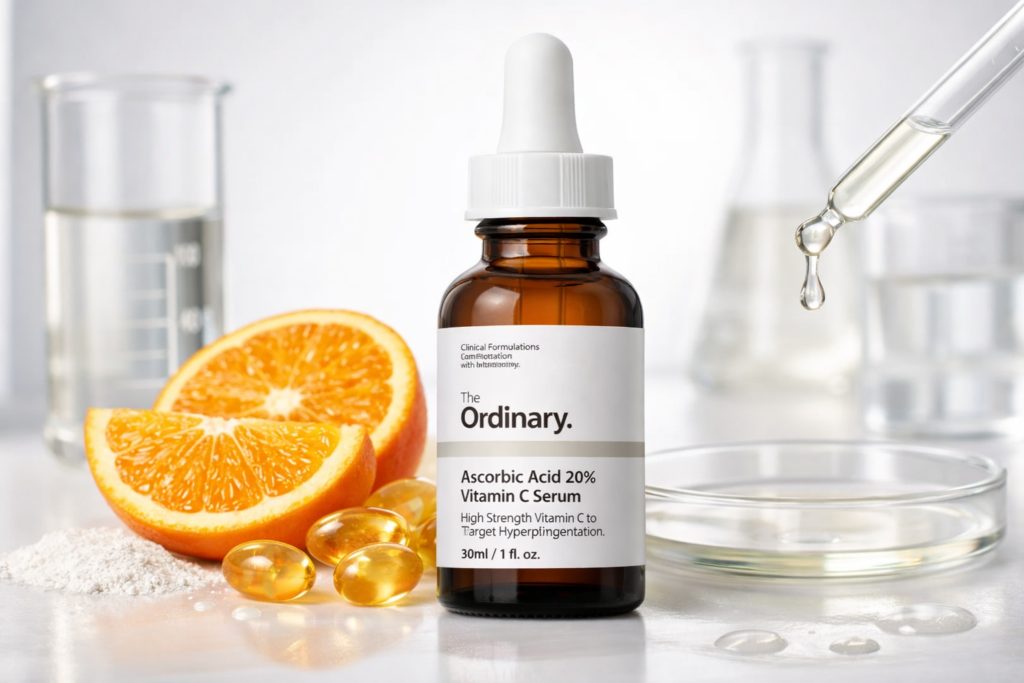 The Ordinary Ascorbic Acid 20% Vitamin C Serum bottle with dropper, surrounded by orange slices and capsules on a clean white background, representing skincare treatment for hyperpigmentation and dark spots.