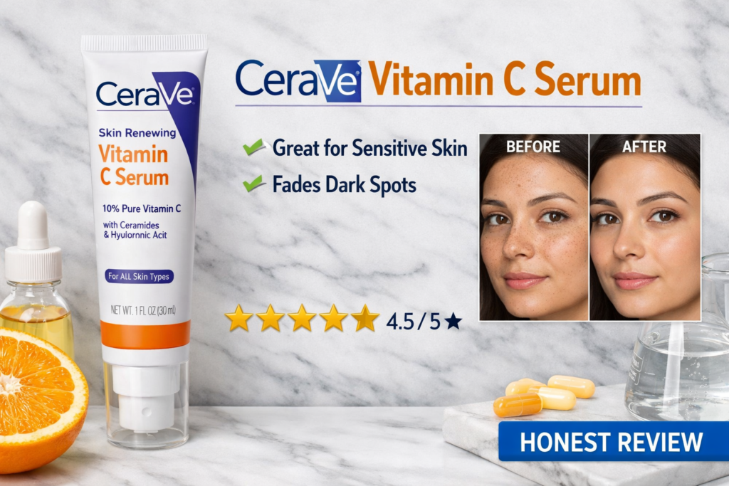 CeraVe Vitamin C Serum review graphic showing a white tube of 10% pure vitamin C serum on a marble background, highlighting benefits for sensitive skin and dark spot reduction, with a 4.5-star rating and before-and-after skin comparison images.
