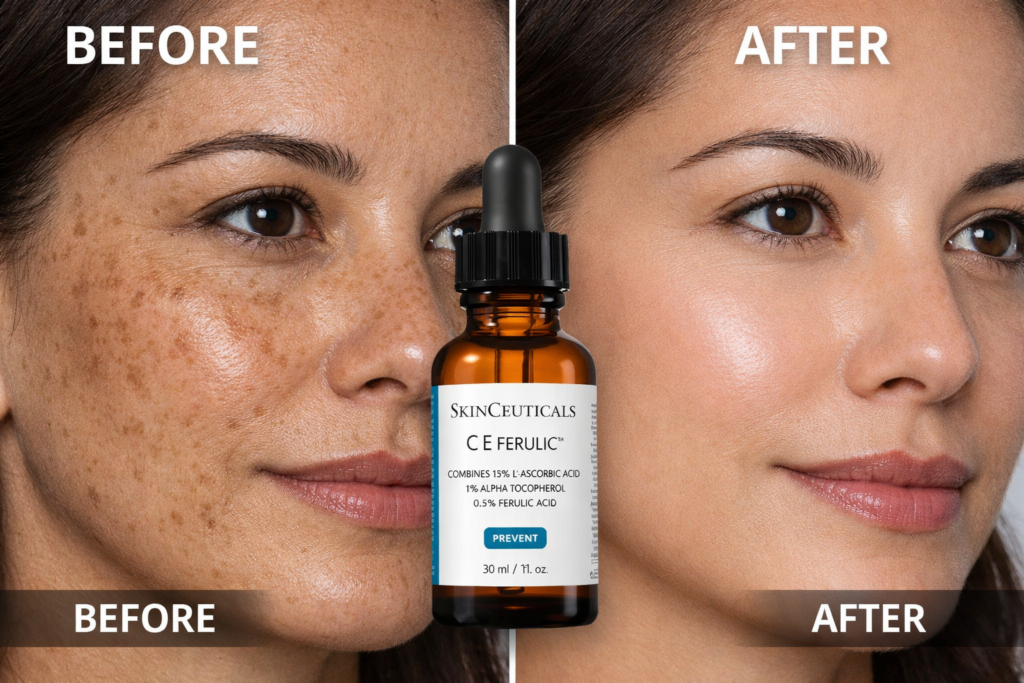 Before and after comparison of a woman’s face showing reduction in dark spots and brighter skin tone after using SkinCeuticals C E Ferulic serum, with the product bottle displayed in the center on a clean landscape layout.