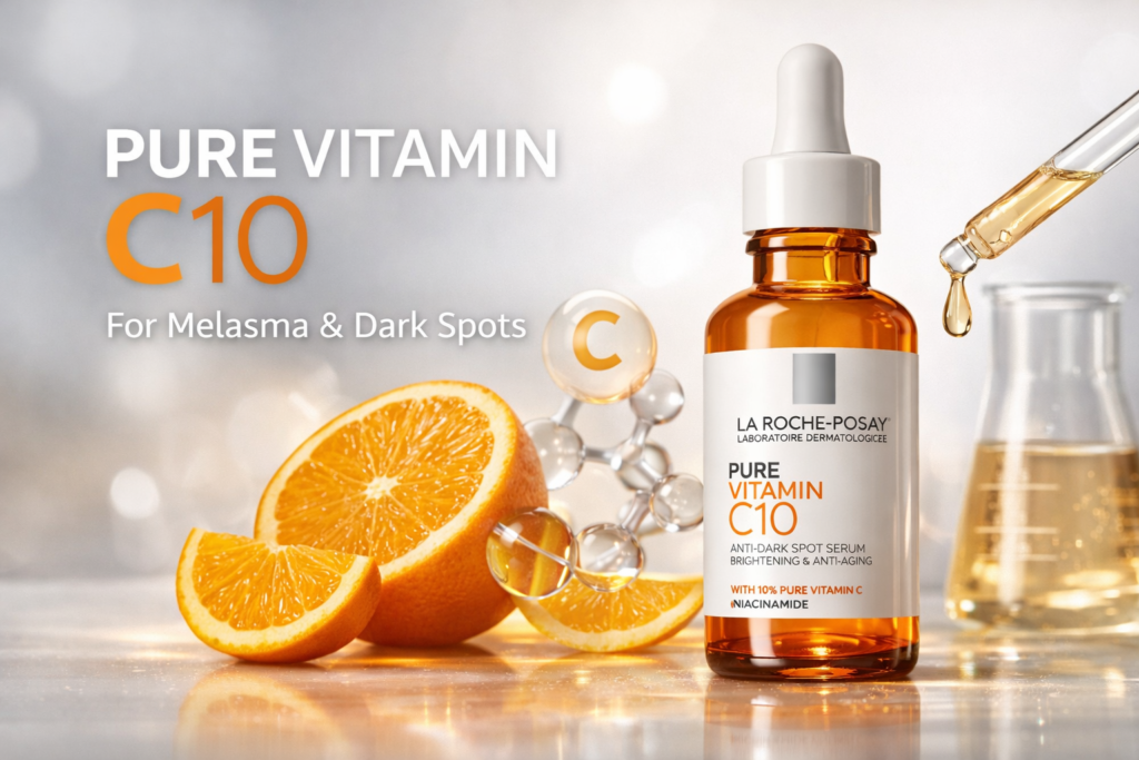 La Roche-Posay Pure Vitamin C10 serum in an amber dropper bottle displayed with orange slices and a serum drop, highlighting treatment for melasma and dark spots on a clean, bright background.