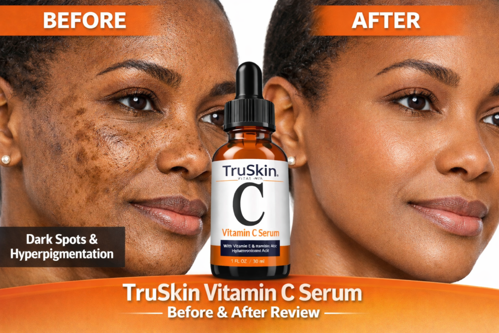 TruSkin Vitamin C Serum before and after results showing reduction in dark spots and hyperpigmentation with smoother, brighter skin in a side-by-side comparison