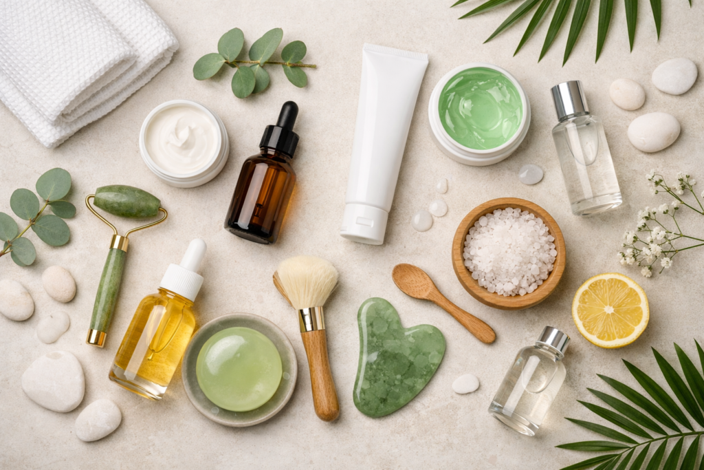 Skincare flat lay with serums, creams and beauty tools