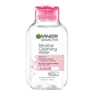 Garnier Micellar Cleansing Water all-in-1 makeup remover for sensitive skin, gentle facial cleanser bottle product image
