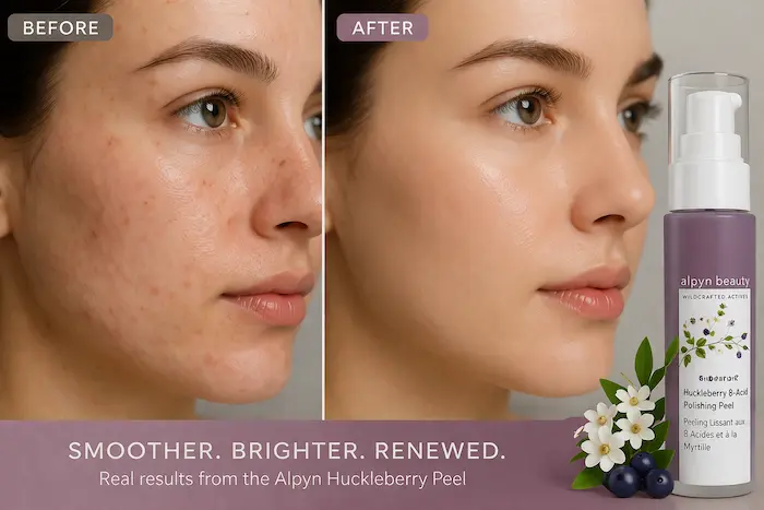 "Alpyn Beauty before and after skin results — huckleberry peel