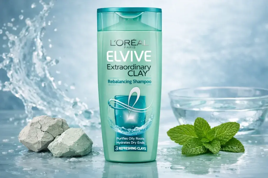 L’Oreal Elvive clay shampoo for oily hair purifying roots and hydrating dry ends for balanced scalp care”