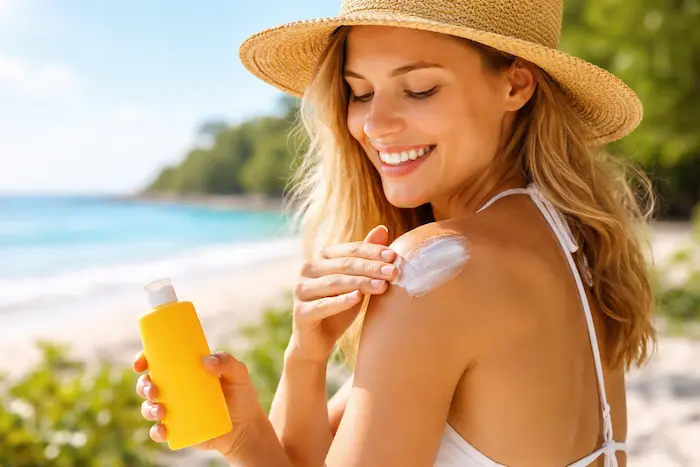 Person reapplying sunscreen outdoors at beach, applying SPF on shoulder for sun protection and healthy summer skincare
