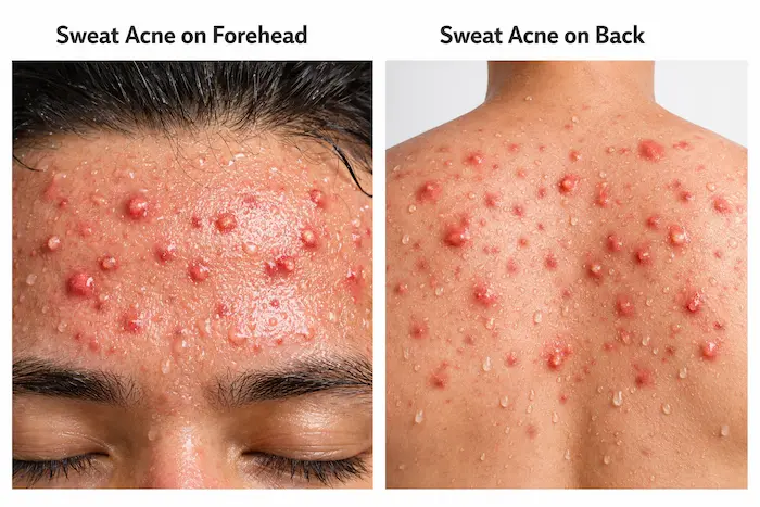 Sweat acne on forehead and back – inflamed pimples caused by sweat and clogged pores (summer skin issue)