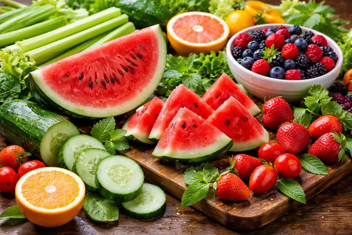 Hydrating water-rich foods like watermelon, cucumber, berries, and citrus fruits for healthy summer skin and hydration