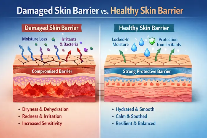 Damaged vs healthy skin barrier diagram showing moisture loss, irritation, and hydration protection comparison for skincare awareness