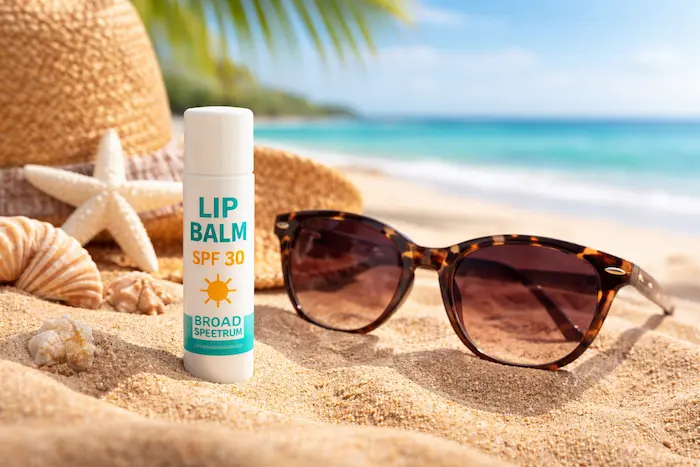 Lip balm SPF 30 with sunglasses on beach – summer lip protection skincare lifestyle image