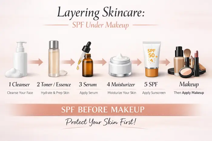 Layering skincare routine diagram showing correct order of cleanser, toner, serum, moisturizer, SPF under makeup for healthy protected skin
