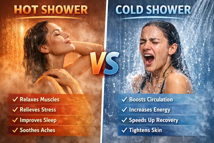 Hot vs cold shower comparison image showing benefits like muscle relaxation, stress relief, improved sleep, boosted circulation, energy increase, and skin tightening for skincare routine guide