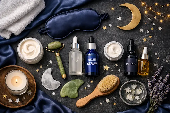 Night skincare routine flat lay with serum, retinol, moisturizer, jade roller, and sleep mask on dark aesthetic background