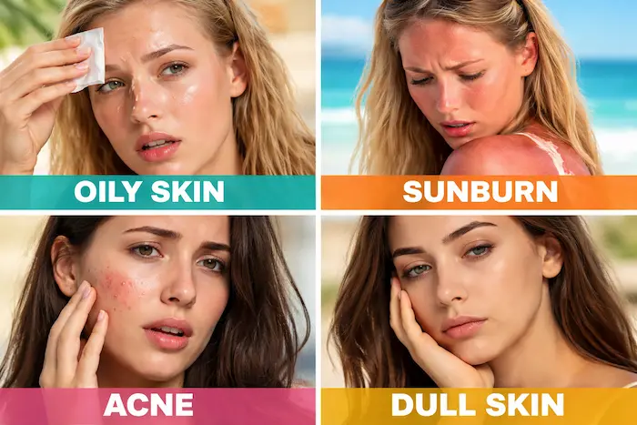 Summer skin problems collage showing oily skin, sunburn, acne, and dull skin in a split grid layout for skincare awareness