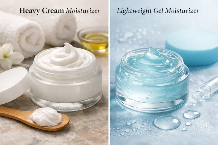 Heavy cream vs lightweight gel moisturizer comparison — rich cream texture vs oil-free hydrating gel for dry and oily skin types