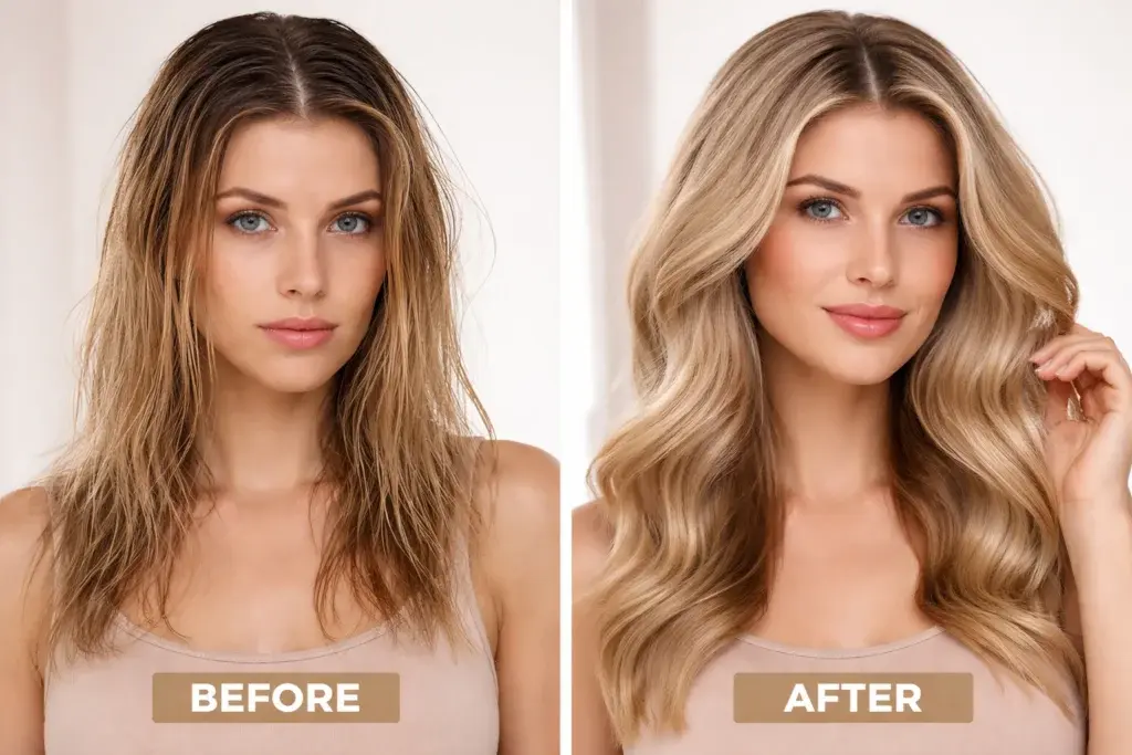 oily hair before and after transformation showing greasy roots vs fresh voluminous healthy hair results”