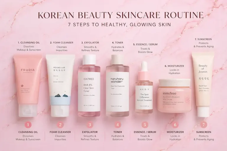 7 step Korean beauty skincare routine flat lay with cleanser, toner, serum, moisturizer and sunscreen on pink marble background