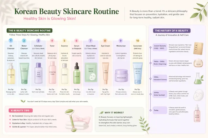 Korean beauty skincare routine infographic with 10-step K-beauty routine and history timeline, showing glowing skin tips and product layering steps in a landscape design
