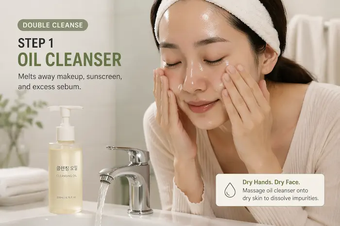 Korean oil cleanser applied on face at sink – double cleanse step 1 for clear, glowing skin routine