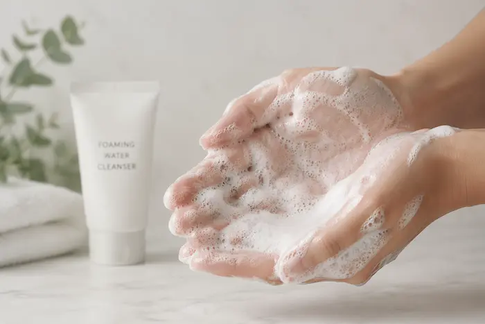 Foamy water cleanser lathered in hands for Korean double cleanse routine step 2, gentle face wash skincare concept