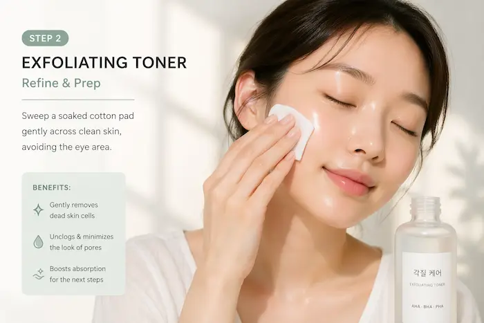 Korean exfoliating toner applied with cotton pad on face – step 2 glass skin routine for smooth, clear and glowing skin