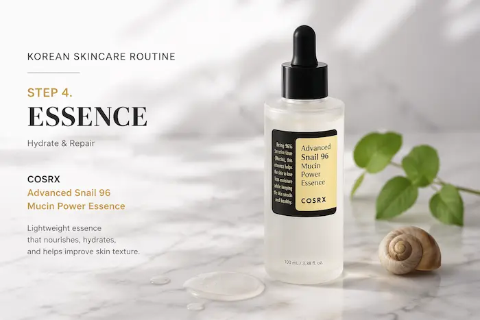 COSRX snail mucin essence dropper bottle on marble – Korean skincare routine step 4 hydrating essence for glass skin