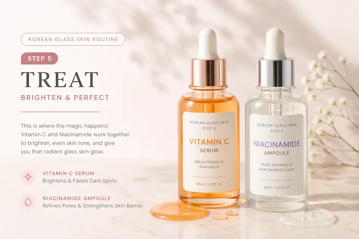 Vitamin C serum and niacinamide ampoule bottles for Korean glass skin routine step 5 on marble background