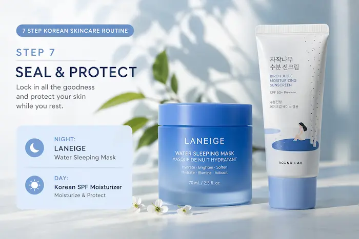 Korean skincare step 7 featuring Laneige water sleeping mask and SPF moisturizer for hydrated glowing skin in glass skin routine