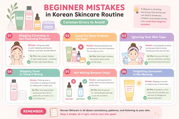 Beginner mistakes in Korean skincare routine infographic showing common errors like skipping cleansing, overusing products, and forgetting sunscreen for healthy glowing skin