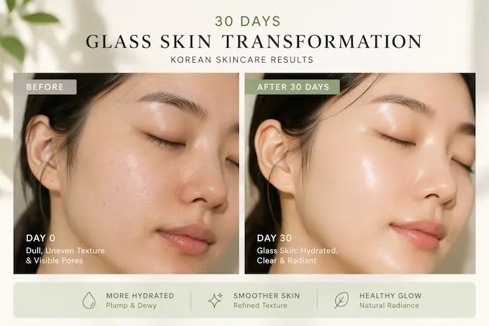 Korean skincare before and after 30 days showing glass skin transformation with smoother, hydrated, glowing complexion and reduced pores in a side-by-side comparison image