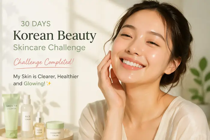 Glowing glass skin woman smiling after 30-day Korean skincare routine transformation with radiant, healthy complexion and beauty products in background