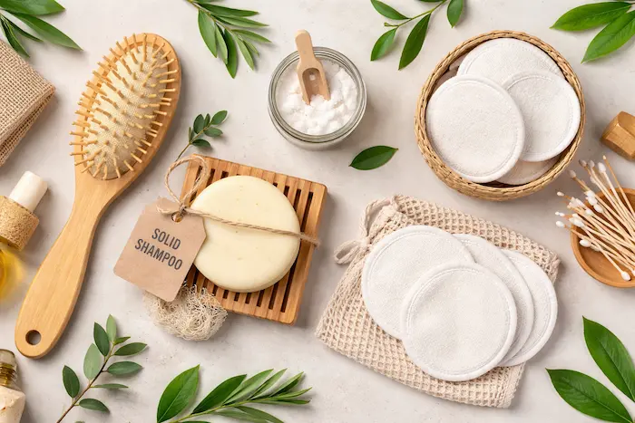 Alt: Collection of sustainable beauty swap products including bamboo brush, solid shampoo bar, and reusable pads
Quick cost comparison: conventional vs. sustainable