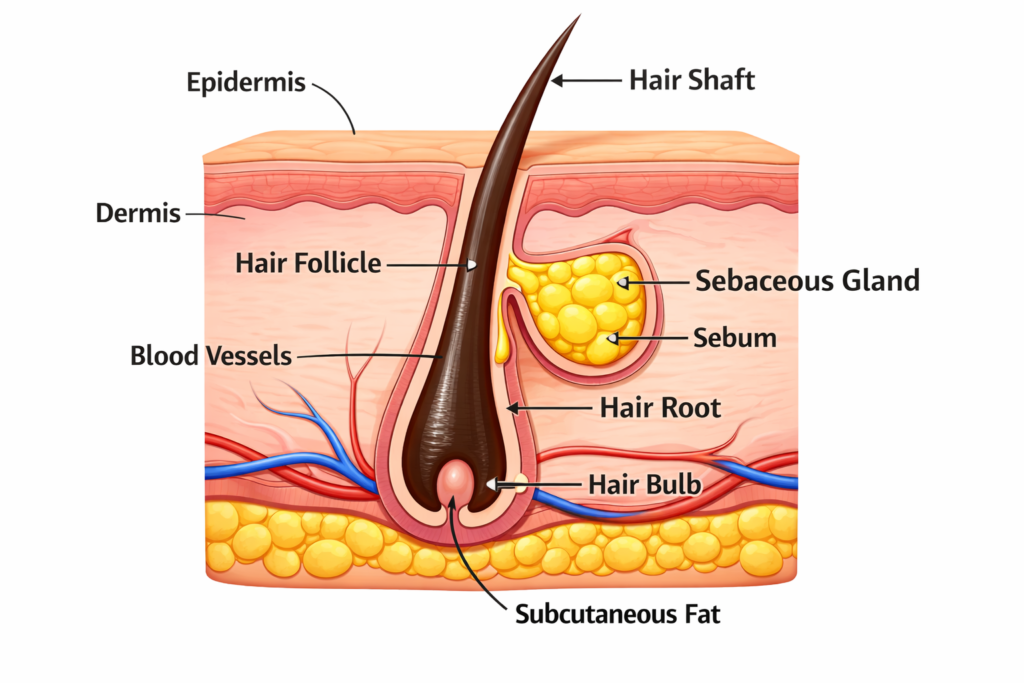 Hair follicle and sebaceous gland diagram with labeled skin layers showing hair root, sebum production, and scalp structure for healthy hair growth.