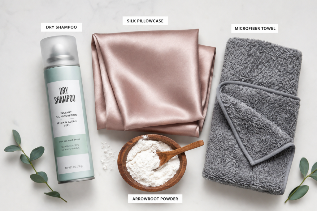 Flat lay of oily hair care essentials including dry shampoo, silk pillowcase, microfiber towel, and arrowroot powder on a clean marble background for oil control routine