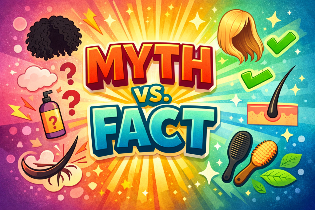 Myth vs Fact hair care infographic with colorful design, hair icons, healthy vs damaged hair comparison illustration for blog SEO