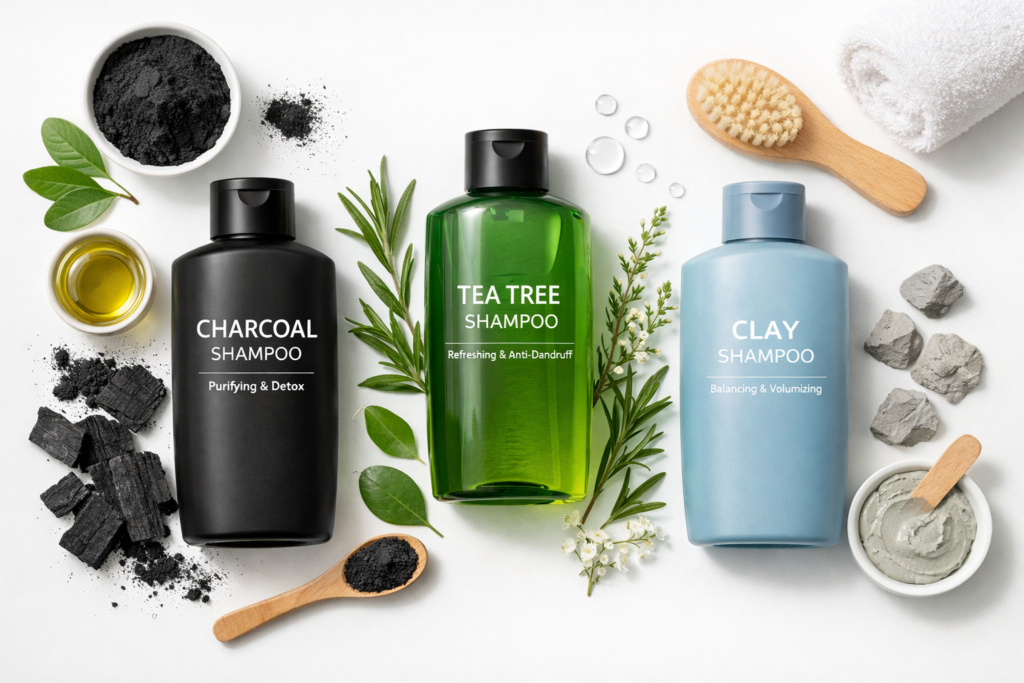 Flat lay of charcoal, tea tree, and clay shampoos with natural ingredients, clean bright lighting for oily hair care routine