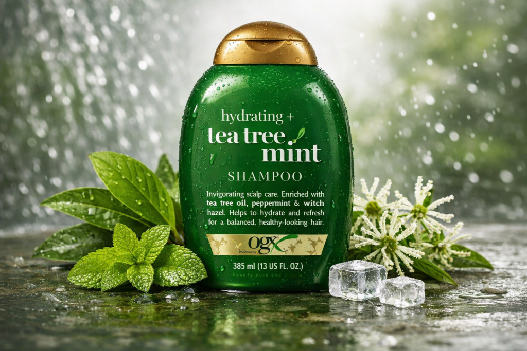 OGX Hydrating Tea Tree Mint Shampoo with natural mint leaves and water droplets – refreshing scalp care product for oily hair and hydration