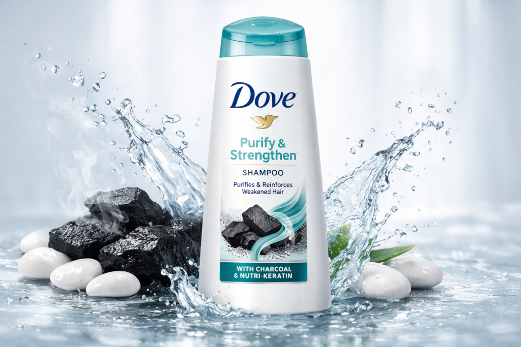Dove Purify & Strengthen Shampoo with charcoal – cleansing and strengthening oily hair product with refreshing water splash scene
