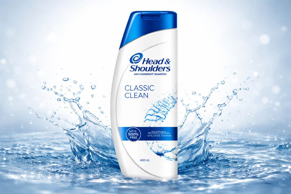 Head & Shoulders Classic Clean Anti-Dandruff Shampoo bottle with water splash, dandruff control hair care product for clean, fresh scalp